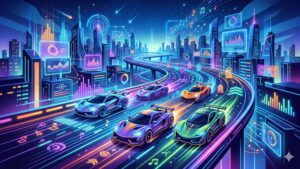 Современная иллюстрация с элементами гоночных трасс и музыкальных ритмов для статьи о браузерных играх